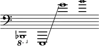 {
\new Staff \with { \remove "Time_signature_engraver" }
\clef bass \key c \major \cadenzaOn
\ottava #-1 \tweak font-size #-2 bes,,,1
\ottava #0 e,,1 \glissando g'1
\tweak font-size #-2 b'1
}