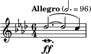\relative c'' { \clef treble \key f \minor \time 6/4 \tempo "Allegro" 2. = 96 << { des2.~( des2 c4) } \\ { c,1.\ff } >> }