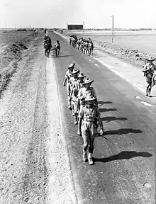 Soldiers marching on a road through an arid area