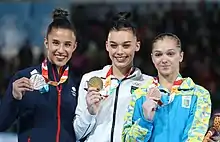 All-around victory ceremony (from left to right): Amelie Morgan (Silver), Giorgia Villa (Gold), Anastasiia Bachynska (Bronze)