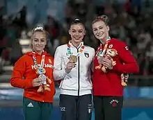 Vault victory ceremony (from left to right): Csenge Bácskay (Silver), Giorgia Villa (Gold), Emma Spence (Bronze)