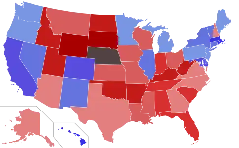 Lower house seats by party holding majority in each state
 

Republican&nbsp;&nbsp;50–60%&nbsp;&nbsp;60–70%&nbsp;&nbsp;70–80%&nbsp;&nbsp;80–90%&nbsp;&nbsp;90–100%
Democratic&nbsp;&nbsp;50–60%&nbsp;&nbsp;60–70%&nbsp;&nbsp;70–80%&nbsp;&nbsp;80–90%