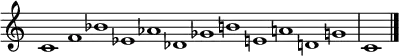 {
\omit Score.TimeSignature
\relative c' { \set Score.tempoHideNote = ##t \tempo 1 = 60 \time 12/1
c1 f bes ees, aes des, ges b e, a d, g | c, \bar "|."
} }
\layout { \context {\Score \omit BarNumber} line-width = #100 }