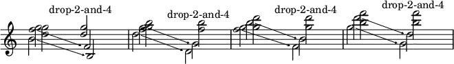 {
\new Staff <<
\override Score.TimeSignature
#'stencil = ##f
\override Score.SpacingSpanner.strict-note-spacing = ##t
\set Score.proportionalNotationDuration = #(ly:make-moment 1/8)
\time 4/4
\new Voice \relative c'' {
<d g>2 \once \stemUp <d g>^\markup { \center-align { "drop-2-and-4" } }
<f g b> <f b>^\markup { \center-align { "drop-2-and-4" } }
<g d'> <g d'>^\markup { \center-align { "drop-2-and-4" } }
<b f'> <b f'>^\markup { \center-align { "drop-2-and-4" } }
}
\new Voice \relative c'' {
\override TextSpanner.bound-padding = #1.0
\override TextSpanner.style = #'line
\override TextSpanner.bound-details.right.arrow = ##t
\override TextSpanner.bound-details.left.text = #"fof"
\override TextSpanner.bound-details.right.text = #"gag"
\override TextSpanner.bound-details.right.padding = #0.6
\override TextSpanner.bound-details.right.stencil-align-dir-y = #CENTER
\override TextSpanner.bound-details.left.stencil-align-dir-y = #CENTER
\override Glissando.bound-details.right.arrow = ##t
\override Glissando.arrow-length = #0.5
\override Glissando.arrow-width = #0.25
<f g>2\glissando f,
g'\glissando \once \stemDown g,
b'\glissando \once \stemDown b,
d'\glissando \once \stemDown d,
}
\new Voice \relative c'' {
\override TextSpanner.bound-padding = #1.0
\override TextSpanner.style = #'line
\override TextSpanner.bound-details.right.arrow = ##t
\override TextSpanner.bound-details.left.text = #"fof"
\override TextSpanner.bound-details.right.text = #"gag"
\override TextSpanner.bound-details.right.padding = #0.6
\override TextSpanner.bound-details.right.stencil-align-dir-y = #CENTER
\override TextSpanner.bound-details.left.stencil-align-dir-y = #CENTER
\override Glissando.bound-details.right.arrow = ##t
\override Glissando.arrow-length = #0.5
\override Glissando.arrow-width = #0.25
b2\glissando b,
d'\glissando \once \stemDown d,
<f' g>\glissando \once \stemDown f,
g'\glissando \once \stemDown g,
}
>>
}
