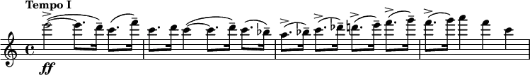 \relative c'' { \clef treble \time 4/4 \key c \major \tempo "Tempo I" e'2~->(\ff e8. d16--) c8.( f16--) | c8. d16 c4~( c8. d16--) c8.( bes16--) | a8.->( bes16--) c8.->( des16--) d8.->( e16--) f8.->( g16--) | f8.->( g16) a4 f c }