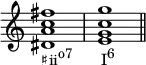 {
\omit Score.TimeSignature
\relative c' {
<dis a' c fis>1_\markup { \concat { "♯ii" \raise #1 \small "o7" \hspace #4 "I" \raise #1 \small "6" } } <e g c g'> \bar "||"
}
}
