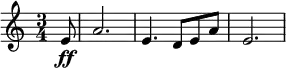 \relative c' { \clef treble \key a \minor \time 3/4 \set Staff.midiInstrument = #"french horn" \partial 8*1 e8\ff | a2. | e4. d8 e a | e2. } \midi{\tempo 4 = 180}