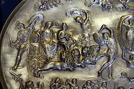 Cybele and Attis riding on a quadriga drawn by lions on the 4th-century Parabiago plate (Archaeological Museum of Milan)
