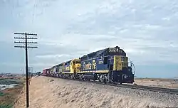 A freight train in Nichols in 1980