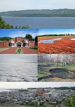 Top:Panorama view of Mount Tento and Lake Abashiri, Second:Abashiri Prison Museum, View of salicornia europaea in Lake Notoro, Third:View of drift ice in Okhotsk Sea, Ainu Moyoro Midden Ruin Park, Bottom:Panorama view of downtown Abashiri (all item from left to right)