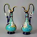 Ewers, coloured glazes, c. 1880, Renaissance in style.