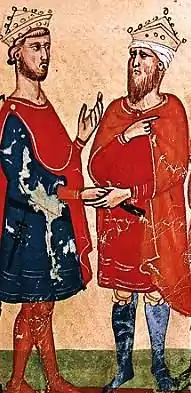 Frederick II, Holy Roman Emperor (left) meets Al-Kamil of Ayyubid (right).