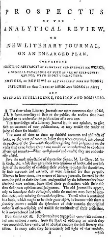 Page reads "Prospectus of the Analytical Review, or New Literary Journal, on an Enlarged Plan; Containing Scientific Abstracts of Important and Interesting Works; A General Catalogue of Such as are of Pres-Consequence, with short Characters; Notices, or Reviews of All Valuable Foreign Books; Criticisms on New Pieces of Music and Works of Art; and Literary Intelligence, Foreign and Domestic ..."