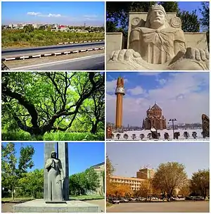 From top left:
View of Artashat • Statue of King Artaxias IApricot farms • Surp Hovhannes ChurchWorld War II memorial • Downtown Artashat