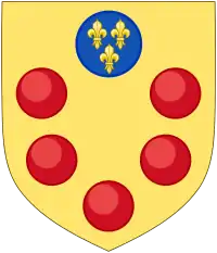 The "augmented coat of arms of the Medici, Or, five balls in orle gules, in chief a larger one of the arms of France (viz. Azure, three fleurs-de-lis or) was granted by Louis XI in 1465.