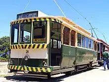 Former Type A tram no.&nbsp;10, built 1909, was sold to the State Electricity Commission of Victoria in 1936 to run in Ballarat as their no.&nbsp;21