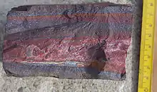 Image 11A banded iron formation from the 3.15 Ga Moodies Group, Barberton Greenstone Belt, South Africa. Red layers represent the times when oxygen was available; gray layers were formed in anoxic circumstances. (from History of Earth)