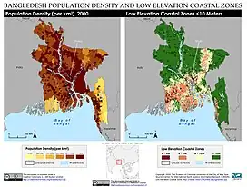A side-by-side map of the population density of Bangladesh and the Low Elevation Coastal Zone in Bangaldesh.