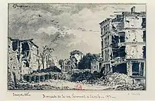 Illustration of a barricade on rue Peyronnet in Neuilly in 1871. The barricade, in the foreground, is made up of sacks, paving stones and rubble. Behind it, the street and its buildings bear the traces of bombardment. Some facades have fallen down, the only houses that seem to have escaped are in the background.