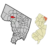 Location of Waldwick in Bergen County highlighted in red (left). Inset map: Location of Bergen County in New Jersey highlighted in orange (right).
