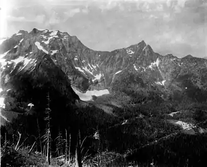 Big Four Mountain with Hall Peak to right, Big Four Inn in lower right. ca 1923
