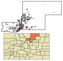Location of the Town of Erie in Boulder and Weld counties, Colorado.