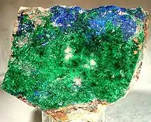 Brochantite on Linarite. Locality: Mujuram, Morocco. Size 8 x 8 cm.