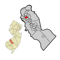 Location of Audubon in Camden County highlighted in red (right). Inset map: Location of Camden County in New Jersey highlighted in orange (left).