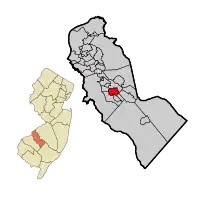 Location of Clementon in Camden County highlighted in red (right). Inset map: Location of Camden County in New Jersey highlighted in orange (left).