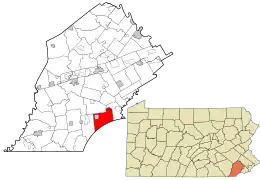 Location of Kennett Township in Chester County, Pennsylvania (left) and of Chester County in Pennsylvania (right)