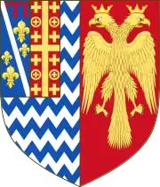 Coat of arms of Carlo I Tocco, founder of the last ruling dynasty of Epirus, as count of Cephalonia (dexter) and despot of Epirus (sinister) of Epirus