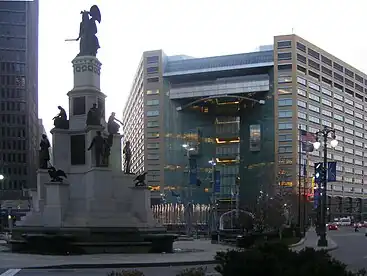 Michigan Soldiers' and Sailors' Monument (1872) by Randolph Rogers and Woodward Fountain on Campus Martius Park