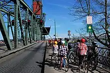 Cyclists waiting during a bridge lift