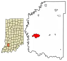 Location of Washington in Daviess County, Indiana.