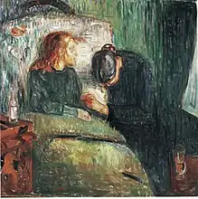 Edvard Munch, The Sick Child, 1907. 4th in the series. Oil on canvas, 137&nbsp;cm (54&nbsp;in) × 139&nbsp;cm (55&nbsp;in). Tate, London.
