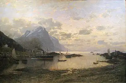 Dampskipsanløp i Lofoten by Adelsteen Normann (1885)