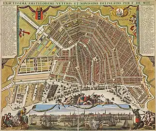 Amsterdam circa 1699. The Singel at this time was the curvy canal beyond the ramparts