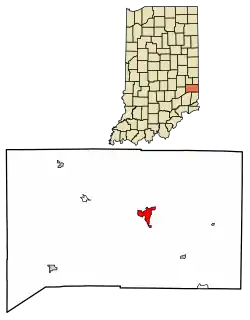 Location of Brookville in Franklin County, Indiana.