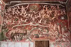 Preserved colonial wall painting of 1802 depicting Hell, by Tadeo Escalante, inside the Church of San Juan Bautista in Huaro (Peru)