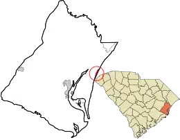 Red circle shows the location within Georgetown County and the state of South Carolina.