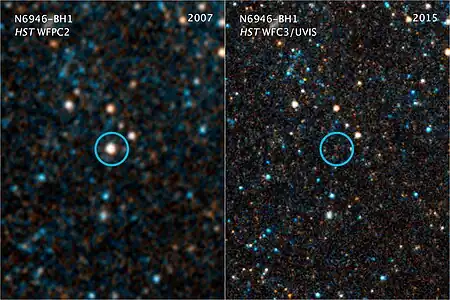 Pair of visible-light and near-infrared photos from the Hubble Space Telescope showing the giant star N6946-BH1 before and after it vanished out of sight by imploding to form a black hole