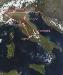 Overview of the stages: route clockwise from Milan, down
to Pescara, over to Rome, and up to Bergamo