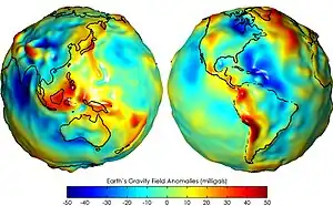 Image 13Earth's gravity measured by NASA GRACE mission, showing deviations from the theoretical gravity of an idealized, smooth Earth, the so-called Earth ellipsoid. Red shows the areas where gravity is stronger than the smooth, standard value, and blue reveals areas where gravity is weaker (Animated version). (from Gravity of Earth)