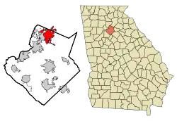 Location of Buford in Gwinnett County, Georgia (left) and of Gwinnett County in Georgia (right)