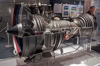 Turbofan (V2500) showing machinery needed to transfer energy from the core to bypass air which flows along the cutaway bypass duct. Those parts are the 5-stage turbine, extreme right identified with tip shroud rings, and the fan, extreme left. These parts introduce their own losses to the engine in achieving a gain in propulsive efficiency.
