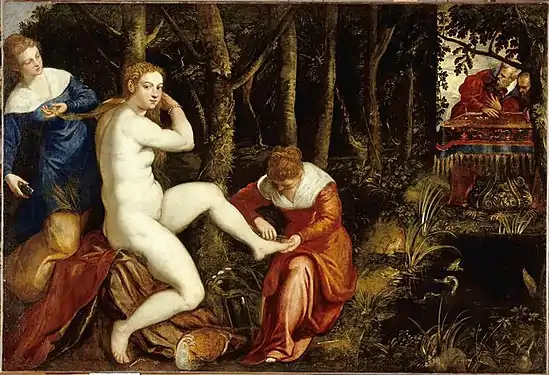 Nude woman, watched by two men, looks at the viewer of the painting