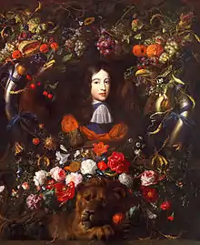 Portrait of William III of Orange, aged 10, portrait by Jan Vermeer van Utrecht and decor by Jan Davidsz. de Heem, c.1659-1666, 	oil on canvas, Museum of Fine Arts of Lyon, France