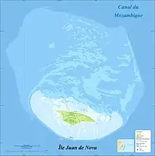 A map in French of Juan de Nova Island and its reefs.