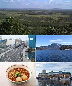 Top:Kushiro Wetland Park,2nd left:Nusamai Bridge, 2nd right:Lake Akan and Mount Oakan,3rd left:Kushiro Ramen, 3rd right:Port of Kushiro