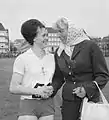 Lia Hinten is congratulated by Fanny Blankers-Koen with winning the national 80&nbsp;m hurdles title on 12 August 1962